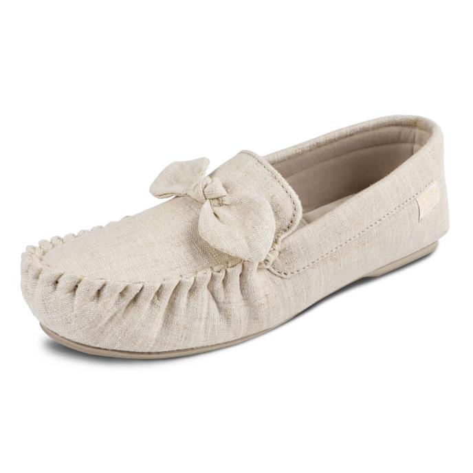 Isotoner® Ladies Linen Bow Moccasin Slipper Stone Extra Image 2